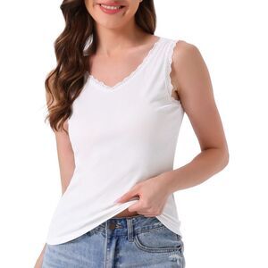 Lacework Trim Modal Ruched Ribbed Knit V Neck Crop Tank Tops White